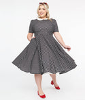 Plus Size Vintage Pocketed Collared Polka Dots Print Short Sleeves Sleeves Swing-Skirt Tie Waist Waistline Dress