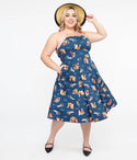 Plus Size Cotton Self Tie Swing-Skirt General Print Halter Sweetheart Dress