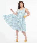 Plus Size Cotton Sleeveless Belted Button Front Back Zipper Pocketed Floral Print Swing-Skirt Dress With a Bow(s)