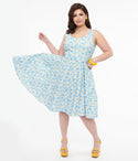 Plus Size Sleeveless Swing-Skirt Floral Print Belted Pocketed Back Zipper Button Front Cotton Dress With a Bow(s)