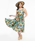 Plus Size General Print Smocked Sweetheart Tie Waist Waistline Pocketed Self Tie Swing-Skirt Dress