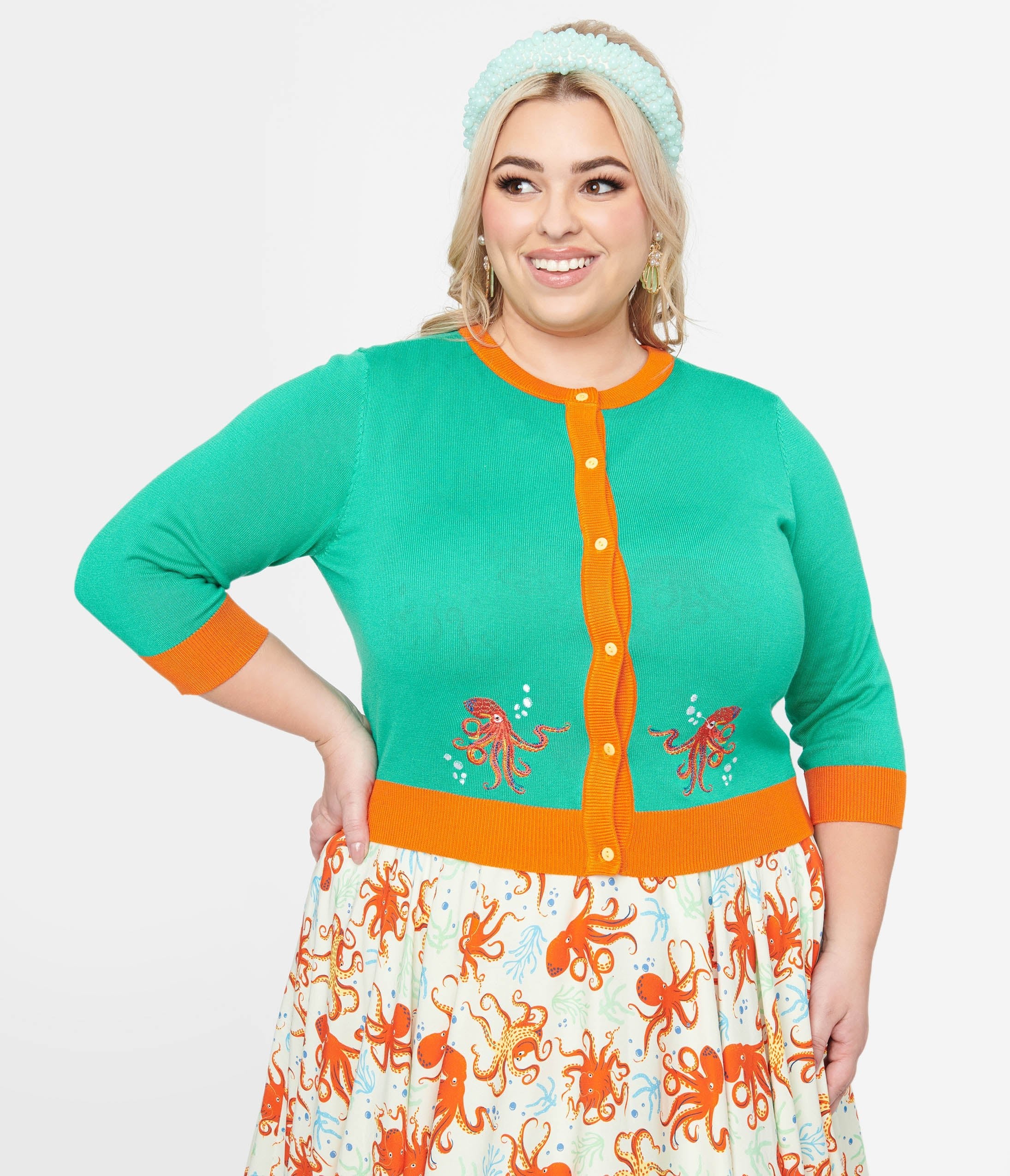 

Plus Size 1950S Green & Orange Octopus Embroidery Leslie Cardigan