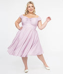 Plus Size Pocketed General Print Puff Sleeves Sleeves Off the Shoulder Swing-Skirt Smocked Sweetheart Dress