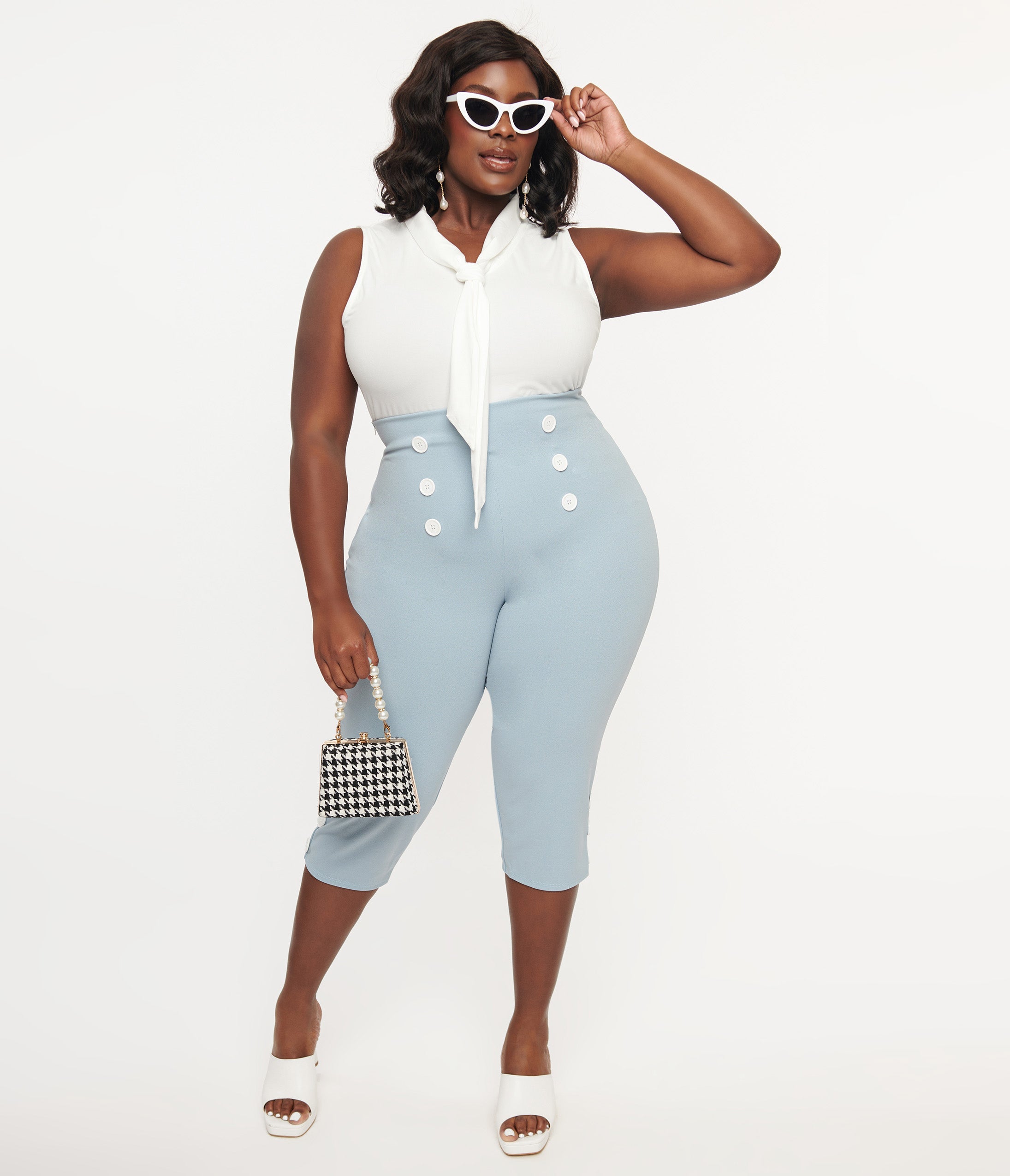 

Plus Size 1950S Light Blue High Waist Capri Pants