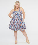 Plus Size Sleeveless Cotton Floral Print Boat Neck Sweetheart Pocketed Dress
