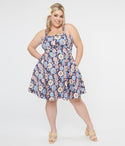 Plus Size Cotton Sleeveless Pocketed Floral Print Boat Neck Sweetheart Dress