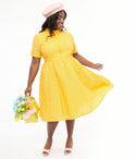 Plus Size Swing-Skirt Cotton Short Sleeves Sleeves Collared Side Zipper Elasticized Waistline Dress