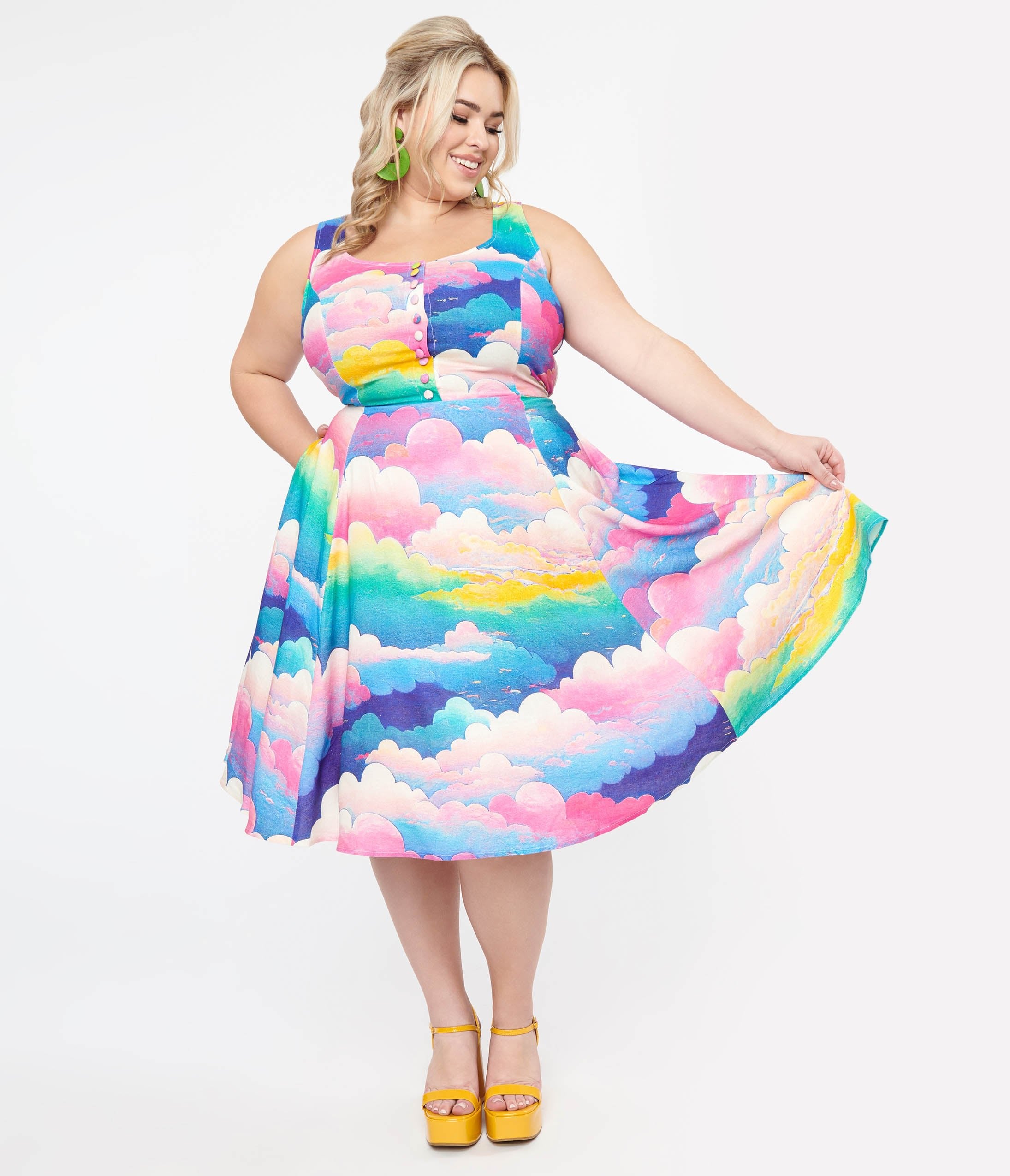 

Plus Size 1950S Pink & Rainbow Cloud Print Heidi Fit & Flare Dress