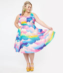 Plus Size V-neck Smocked Sleeveless Fit-and-Flare Fitted Back Zipper Pocketed General Print Dress