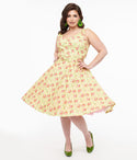 Plus Size Button Front Back Zipper Belted Pocketed Swing-Skirt Cotton Floral Print Sleeveless Dress With a Bow(s)