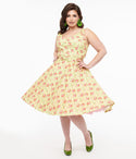 Plus Size Swing-Skirt Cotton Sleeveless Button Front Pocketed Belted Back Zipper Floral Print Dress With a Bow(s)