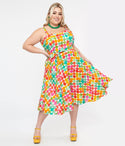 Plus Size Polka Dots Print Pocketed Side Zipper Vintage Tie Waist Waistline Smocked Sweetheart Swing-Skirt Dress With a Sash