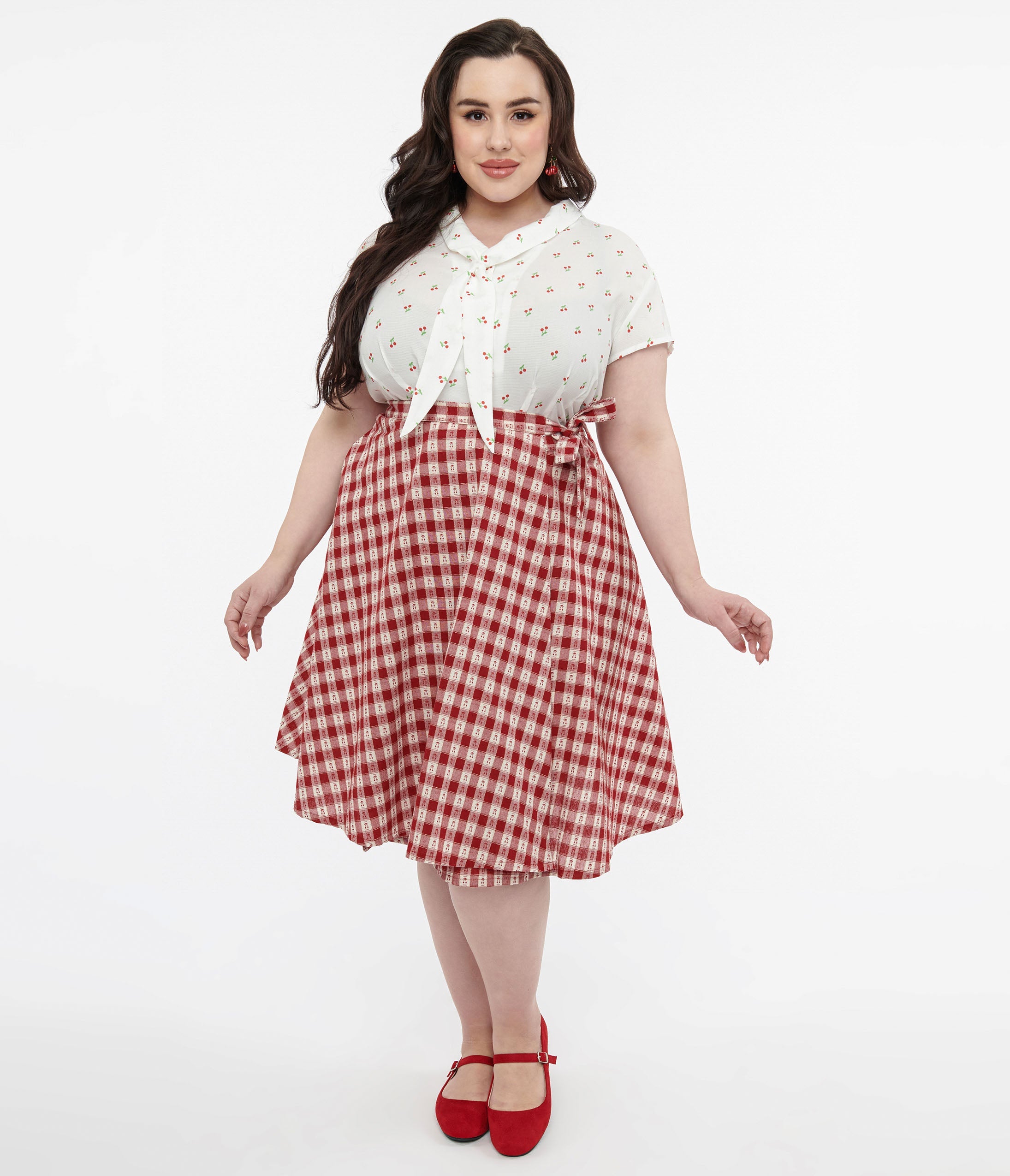 

Plus Size 1950S Red Plaid Cherry Cotton Wrap Swing Skirt