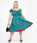 Plus Size Cotton Sweetheart General Print Back Zipper Pocketed Darts Short Sleeves Sleeves Swing-Skirt Dress