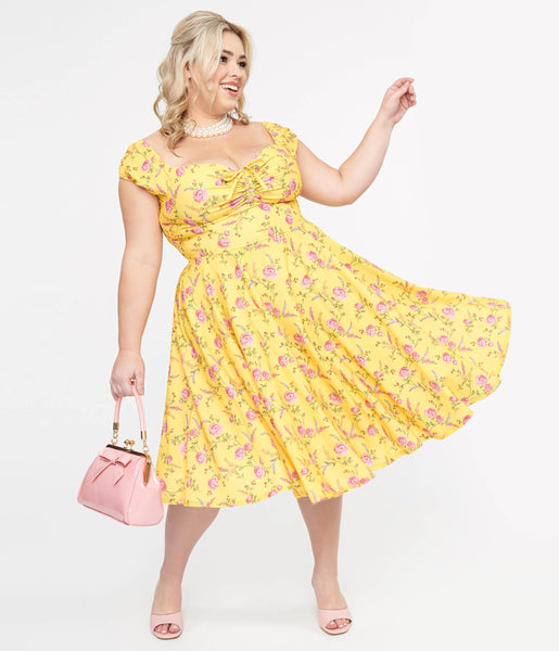 Plus Size Floral Print Puff Sleeves Sleeves Off the Shoulder Swing-Skirt Smocked Sweetheart Pocketed Dress