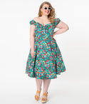 Plus Size Sexy Floral Print Swing-Skirt Back Zipper Banding Bardot Neck Sweetheart Dress