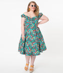 Plus Size Sexy Swing-Skirt Banding Back Zipper Bardot Neck Sweetheart Floral Print Dress