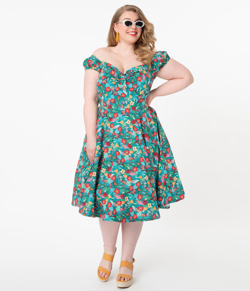 Plus Size Sexy Back Zipper Banding Bardot Neck Sweetheart Floral Print Swing-Skirt Dress