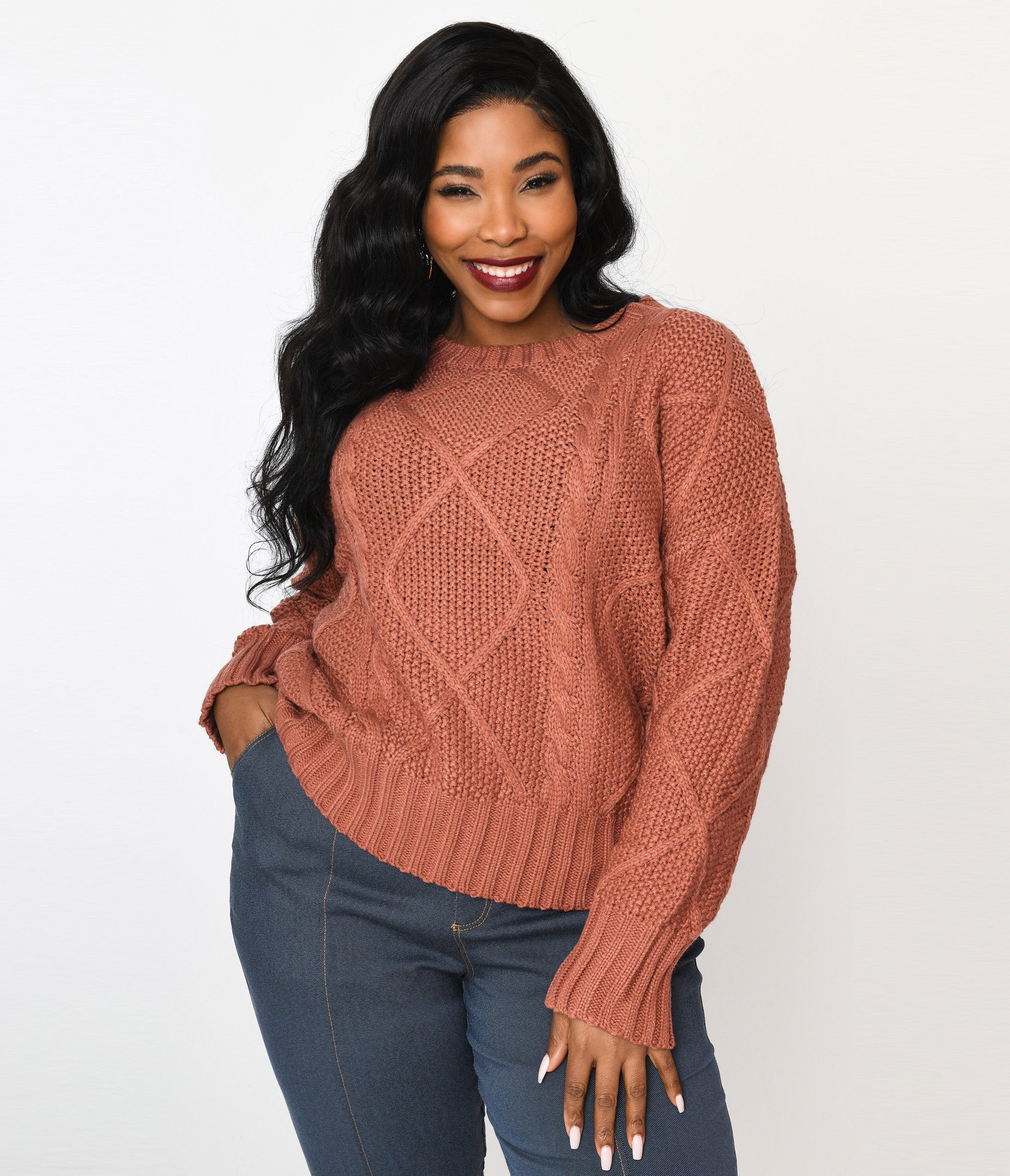 

Plus Size Brick Red Cable Knit Oversize Sweater