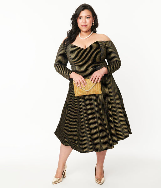 Plus Size Sophisticated Velvet Striped Print Back Zipper Glittering Pocketed 3/4 Sleeves Off the Shoulder Swing-Skirt Party Dress