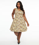 Plus Size V-neck General Print Pocketed Swing-Skirt Cotton Sleeveless Dress