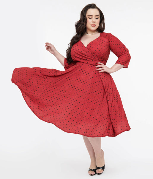 Plus Size V-neck Crepe Pocketed Faux Wrap Back Zipper Swing-Skirt Polka Dots Print Dress