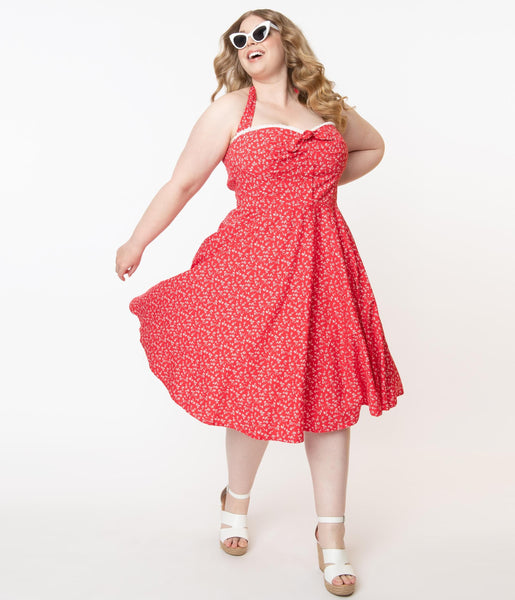 Plus Size Elasticized Waistline Halter Smocked Sweetheart Lace Trim Floral Print Swing-Skirt Self Tie Vintage Back Zipper Cotton Dress With a Bow(s)