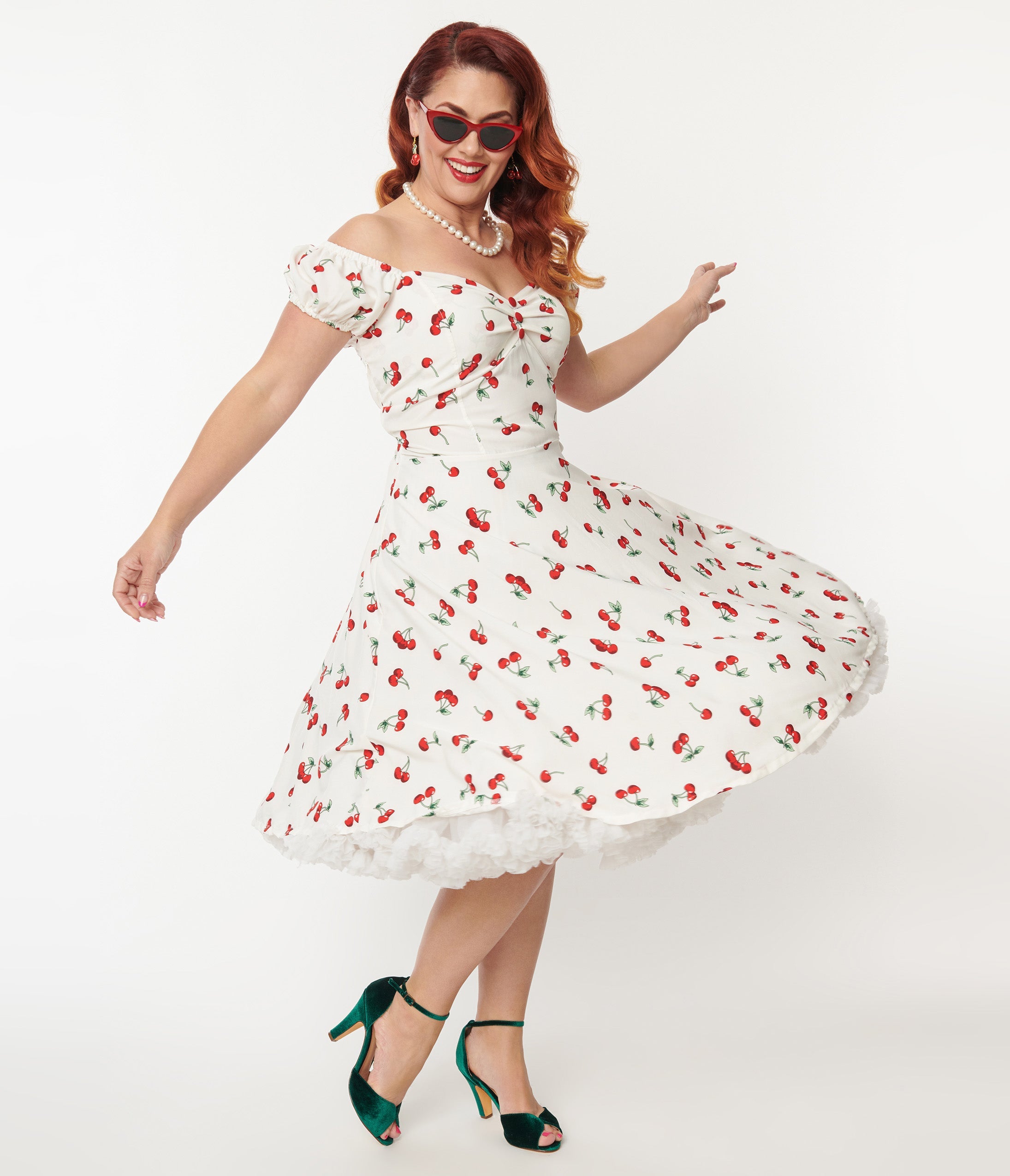 

Plus Size White & Cherry Print Off The Shoulder Swing Dress