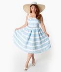 Plus Size Swing-Skirt Striped Floral Print Square Neck Fitted Pocketed Embroidered Gathered Dress