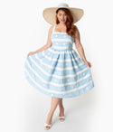 Plus Size Square Neck Striped Floral Print Swing-Skirt Gathered Embroidered Fitted Pocketed Dress