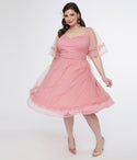 Plus Size Sophisticated Short Sleeves Sleeves Sweetheart Mesh Back Zipper Dots Print Swing-Skirt Dress With Ruffles