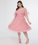 Plus Size Sophisticated Mesh Back Zipper Swing-Skirt Sweetheart Dots Print Short Sleeves Sleeves Dress With Ruffles