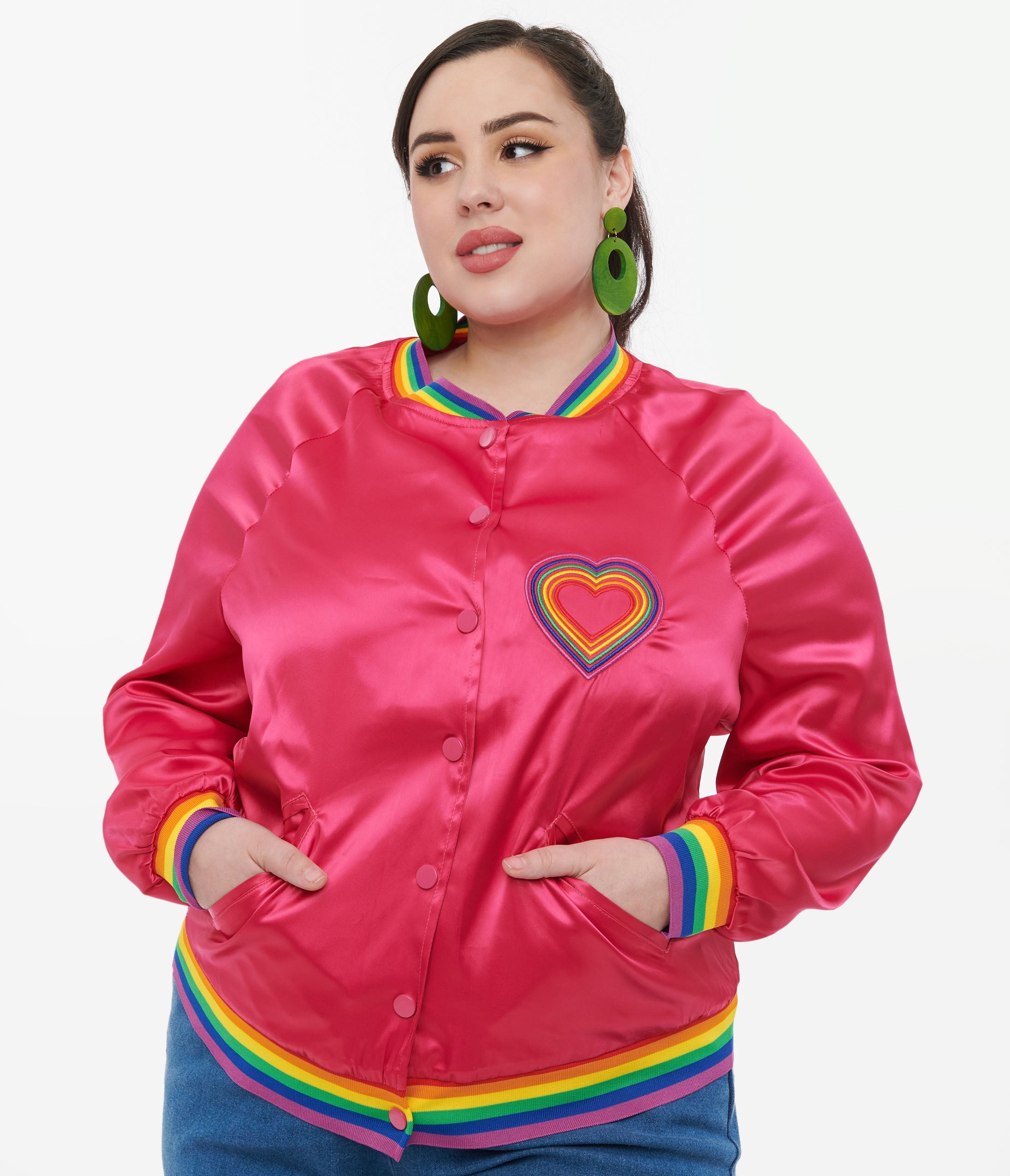 

Unique Vintage Plus Size Hot Pink & Rainbow Pride Satin Bomber Jacket