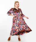 V-neck Velvet Floral Print Pocketed 3/4 Sleeves Midi Dress