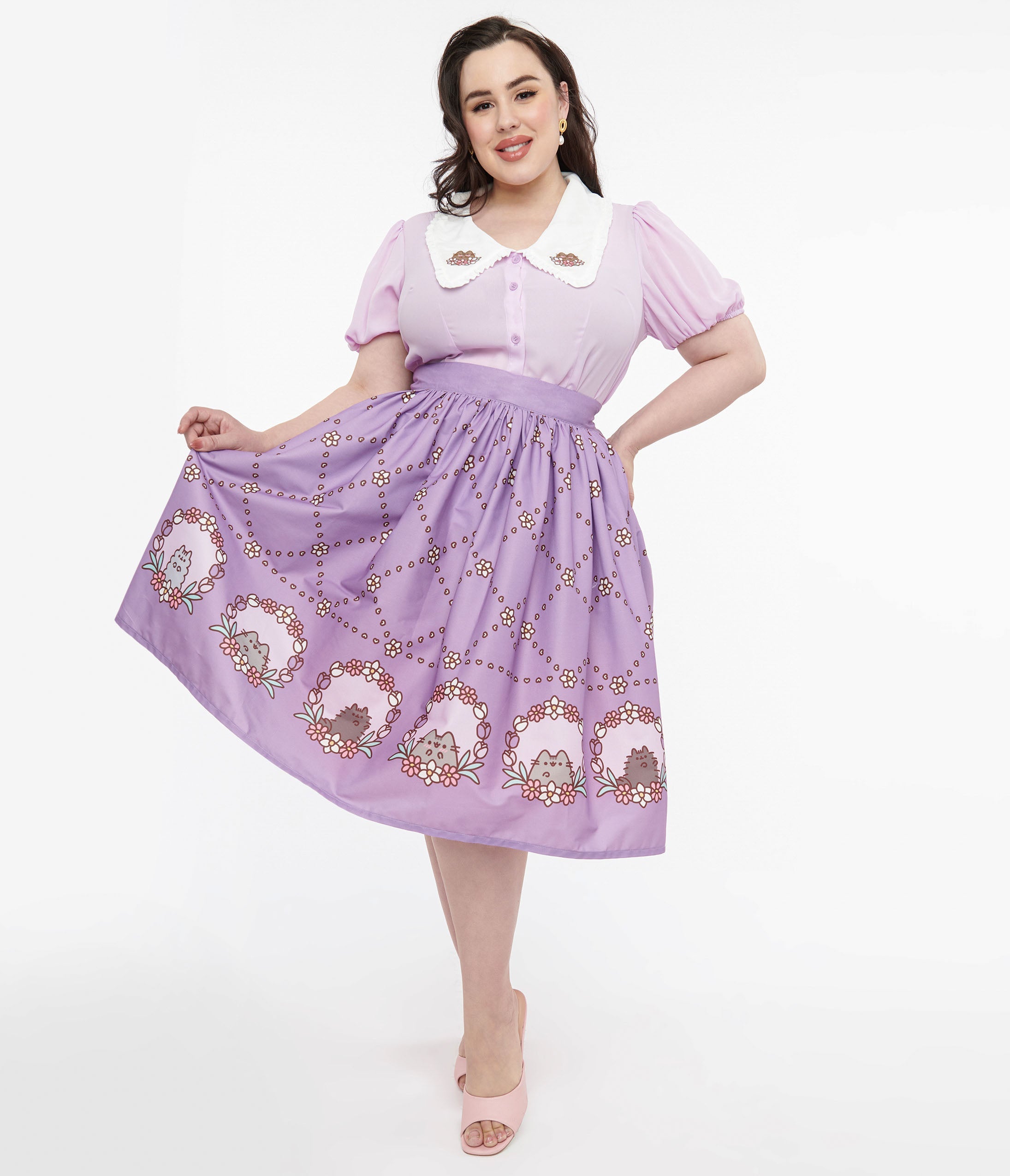 

Pusheen X Unique Vintage Plus Size Lavender Pusheen Floral Frame Print Gellar Swing Skirt