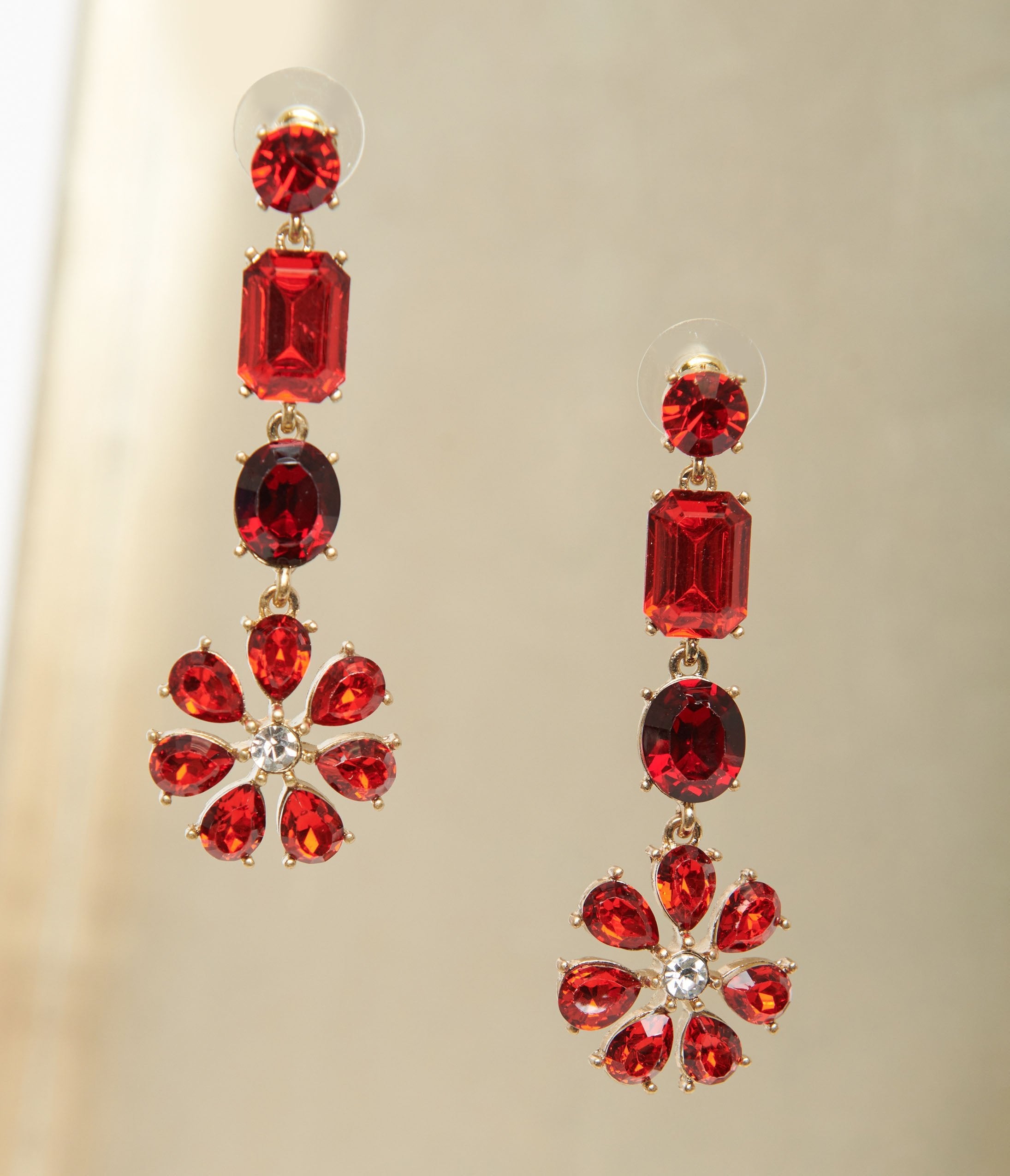 

Red Rhinestone Floral Drop Earrings