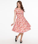 V-neck Cotton Fitted Pleated Swing-Skirt General Print Dress