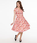 V-neck Cotton General Print Pleated Fitted Swing-Skirt Dress