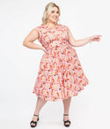 Plus Size V-neck Cotton Fitted Pleated Swing-Skirt General Print Dress