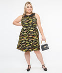 Plus Size Elasticized Waistline Cotton Collared Sleeveless Flared-Skirt Pocketed Back Zipper Polka Dots Print Dress