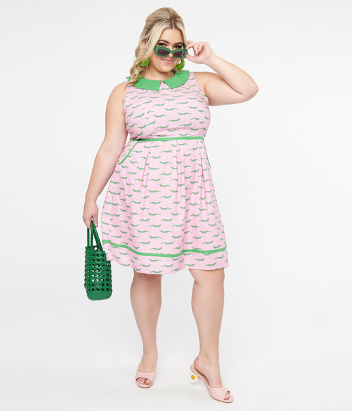 Plus Size Pocketed Fitted Back Zipper Vintage Fit-and-Flare Collared Cotton Elasticized Waistline Dress