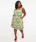 Plus Size Elasticized Waistline Collared Cotton Piping Back Zipper Pocketed General Print Dress