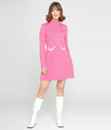 A-line Mock Neck Turtleneck Long Sleeves Knit Fit-and-Flare Short Pocketed Vintage Fitted Dress