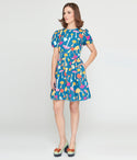 General Print Swing-Skirt Puff Sleeves Sleeves Open-Back Self Tie Scoop Neck Dress With a Sash