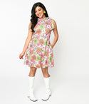 Flared-Skirt Swing-Skirt Back Zipper Self Tie Pocketed Vintage Floral Print Turtleneck Dress