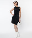 A-line Elasticized Waistline Knit Collared Mock Neck Turtleneck Above the Knee Self Tie Back Zipper Dress