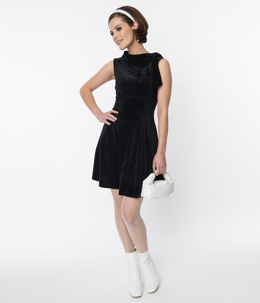 A-line Knit Above the Knee Back Zipper Self Tie Elasticized Waistline Collared Mock Neck Turtleneck Dress