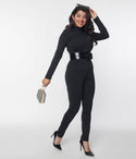 Long Sleeves Fitted Knit Mock Neck Jumpsuit