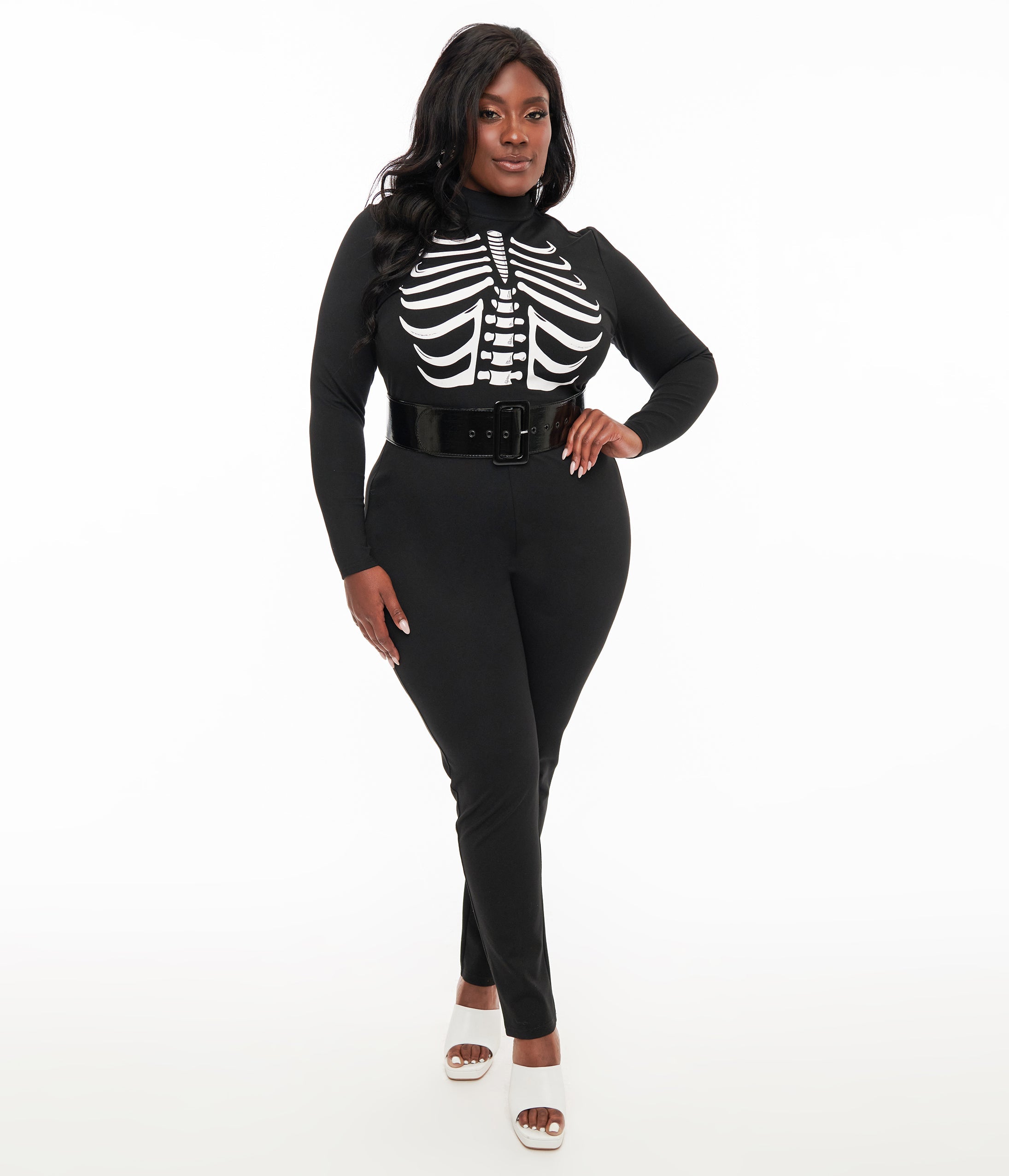 Smak Parlour Plus Size 1960s Black & White Skeleton Glow in the Dark Jumpsuit