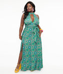 Plus 1960s Emerald Floral Halter Maxi Dress